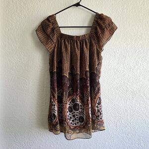Adiva Brown Paisley-Trim Boho Smocked Neck Tunic